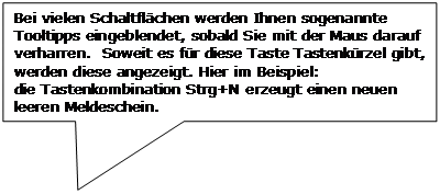 Rechteckige Legende: Bei vielen Schaltflächen werden Ihnen sogenannte Tooltipps eingeblendet, sobald Sie mit der Maus darauf verharren.  Soweit es für diese Taste Tastenkürzel gibt, werden diese angezeigt. Hier im Beispiel:
die Tastenkombination Strg+N erzeugt einen neuen leeren Meldeschein.
