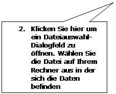 Rechteckige Legende: 2.	Klicken Sie hier um ein Dateiauswahl-Dialogfeld zu öffnen. Wählen Sie die Datei auf Ihrem Rechner aus in der sich die Daten befinden