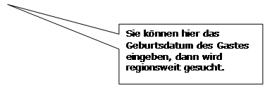 Rechteckige Legende: Sie können hier das Geburtsdatum des Gastes eingeben, dann wird regionsweit gesucht.