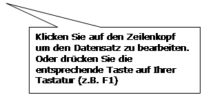 Rechteckige Legende: Klicken Sie auf den Zeilenkopf um den Datensatz zu bearbeiten.
Oder drücken Sie die entsprechende Taste auf Ihrer Tastatur (z.B. F1)

