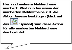 Rechteckige Legende: Hier sind mehrere Meldescheine markiert. Wird nun bei einem der markierten Meldescheine z.B. die Aktion Anreise bestätigen (klick auf das   Symbol) wird diese Aktion für alle markierten Meldescheine durchgeführt.